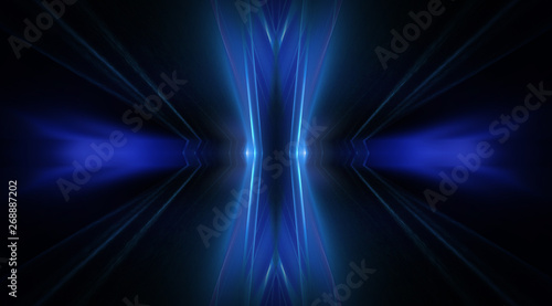 Empty stage, blue neon, abstract blue background. Rays of searchlights, light, abstract tunnel, corridor.