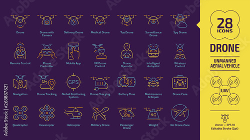 Drone unmanned aerial vehicle outline icon set on a violet background with UAV digital technology, camera, delivery, medical, toy, surveillance and spy aircraft robots editable stroke line sign.