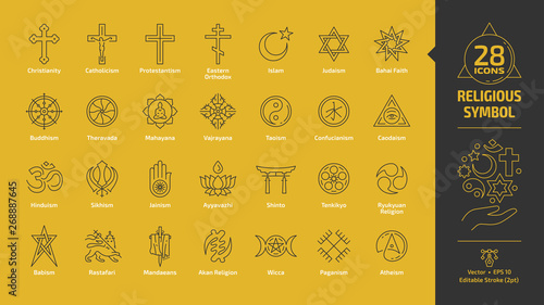 Religious symbol outline icon set on a yellow background with christian cross, islam crescent and star, judaism star of david, buddhism wheel of dharma religion editable stroke line sign.