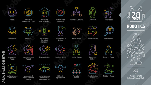 Robotics color outline icon set on a black background with industrial, construction, science, medical social, domestic, security, military, fire fighting robot editable stroke line symbols.