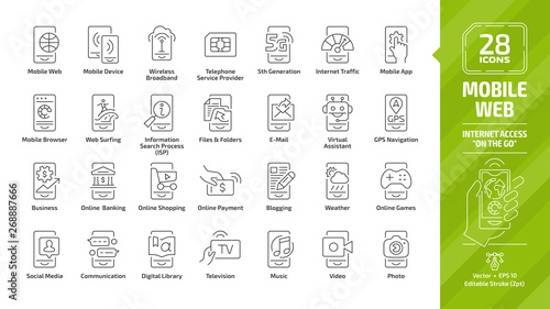 Mobile web icon set with internet access "on the go" outline sign: tablet phone, wireless network, 5G technology, hand with smartphone, social media and more editable stroke line symbols.