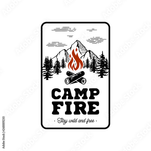 Campfire emblem mountains in rectangle Vector illustration