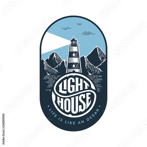 Lighthouse circle lettering oval blue Vector illustration.