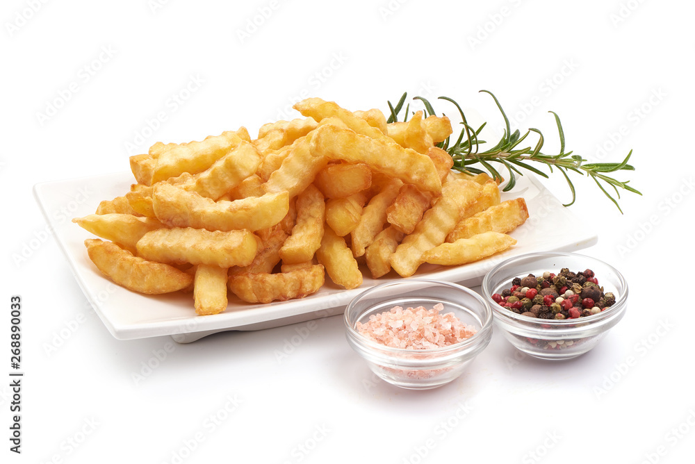 Fried French fries, potato fry, close-up, isolated on white background Fried French fries, potato fry, close-up, isolated on white background