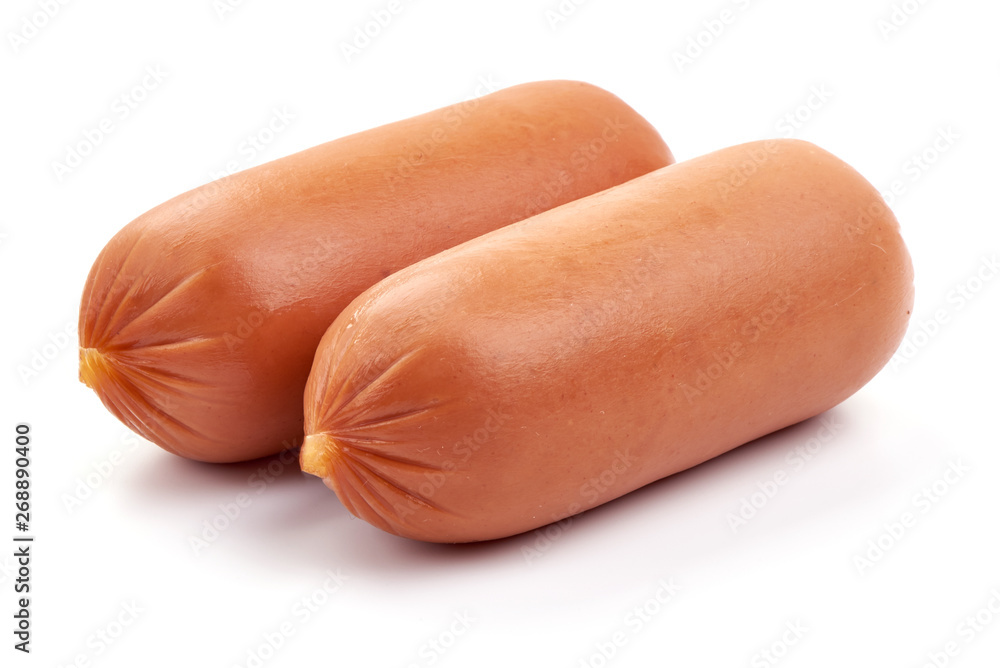 Fresh boiled sausages with basil, close-up, isolated on white background Fresh boiled sausages with basil, close-up, isolated on white background