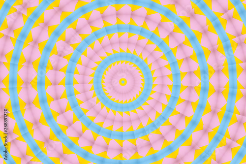 Kaleidoscope background. Abstract blue  yellow and pink colored pattern. illustration for meditation  trance  hypnosis.