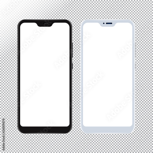 Smartphone mock up on transparent background. Vector mobile phone with empty screens mockup for Android app UI UX design. Black and white realistic cell phones isolated on transparent background.