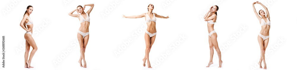 Sporty and fit woman in white underwear on white background. Set collection. Perfect body concept. Sporty and fit woman in white underwear on white background. Set collection. Perfect body concept.