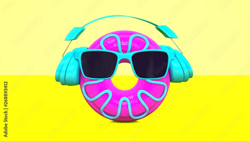 3D illustration of fancy donut with headphone and sunglasses.