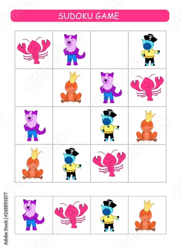 Sudoku for kids. Kids activity sheet. Training logic, educational game. Sudoku game with animals.