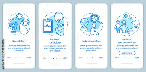 Pediatric services onboarding mobile app page screen with linear concepts