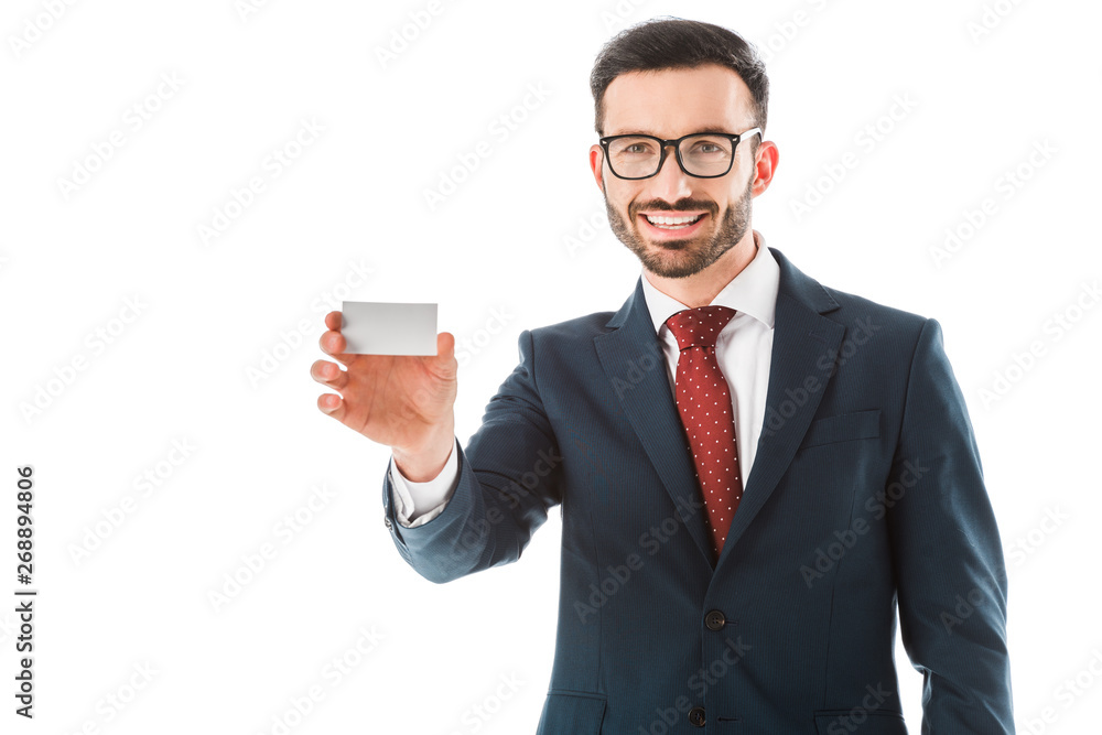 cheerful businessman holding blank business card and looking at camera isolated on white cheerful businessman holding blank business card and looking at camera isolated on white