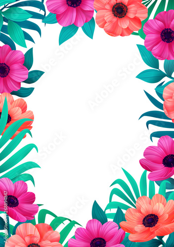 Floral frame. Tropical flowers trendy template. Vertical Design with beautifu...