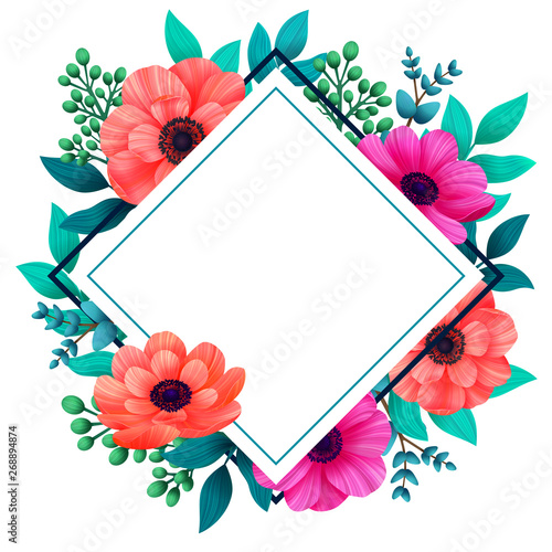 Floral frame. Tropical flowers trendy template. Vertical Design with beautifu...