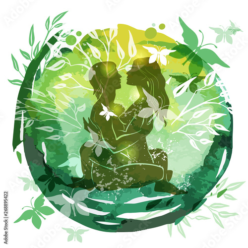 Couple Practicing Tantra Yoga Green Watercolor background nahata 