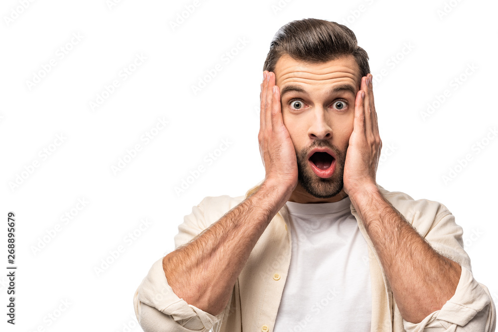 surprised man looking at camera and touching face Isolated On White surprised man looking at camera and touching face Isolated On White