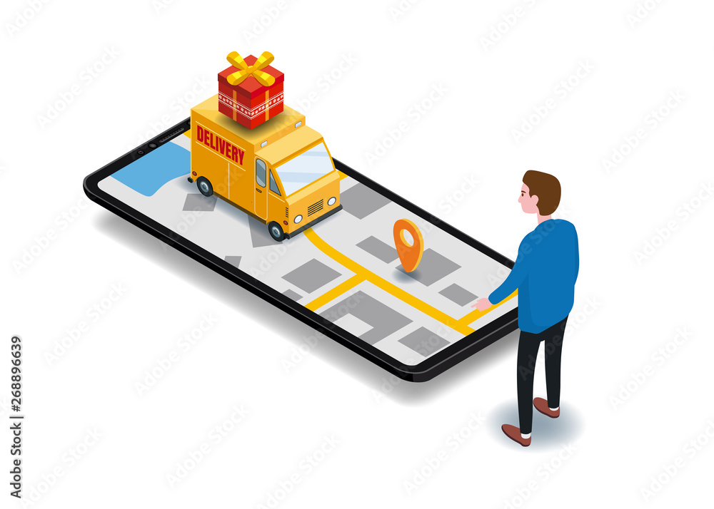 Isometry cargo delivery smartphone buyer, van, truck, route of navigation of the city map Isometry cargo delivery smartphone buyer, van, truck, route of navigation of the city map