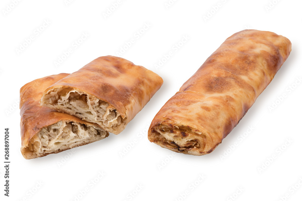Baking puff pastry with fresh cabbage, cut one dough. Isolated on white background