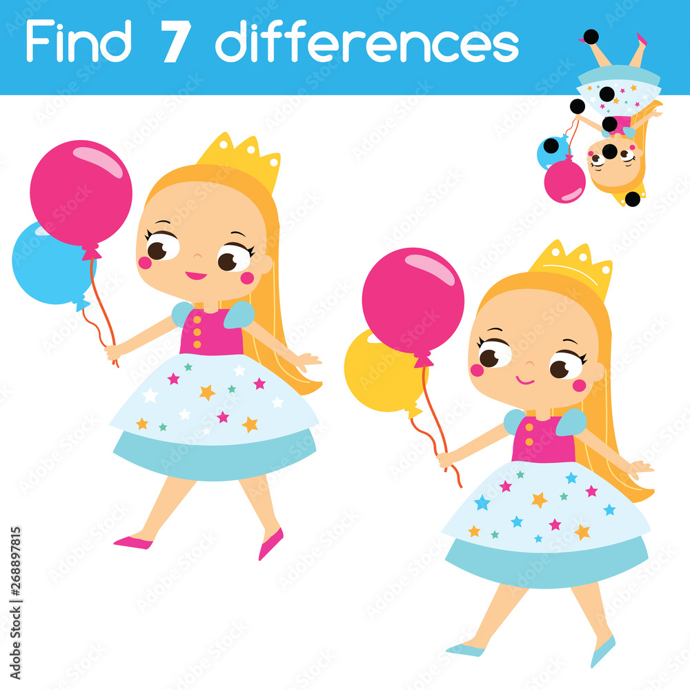 Find the differences educational children game. Kids activity with cute princess girl Find the differences educational children game. Kids activity with cute princess girl