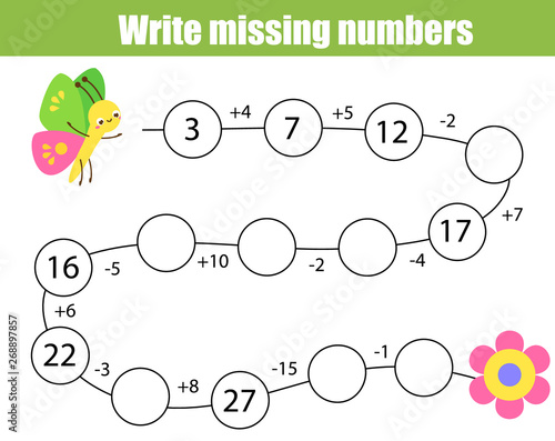 Mathematics educational game for children. Complete the row, write missing numbers. Solve the equation and help butterfly find flower