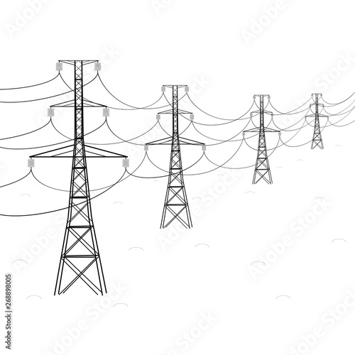 Abstract Black White Silhouette of High Voltage Power Lines Isolated on White Background.