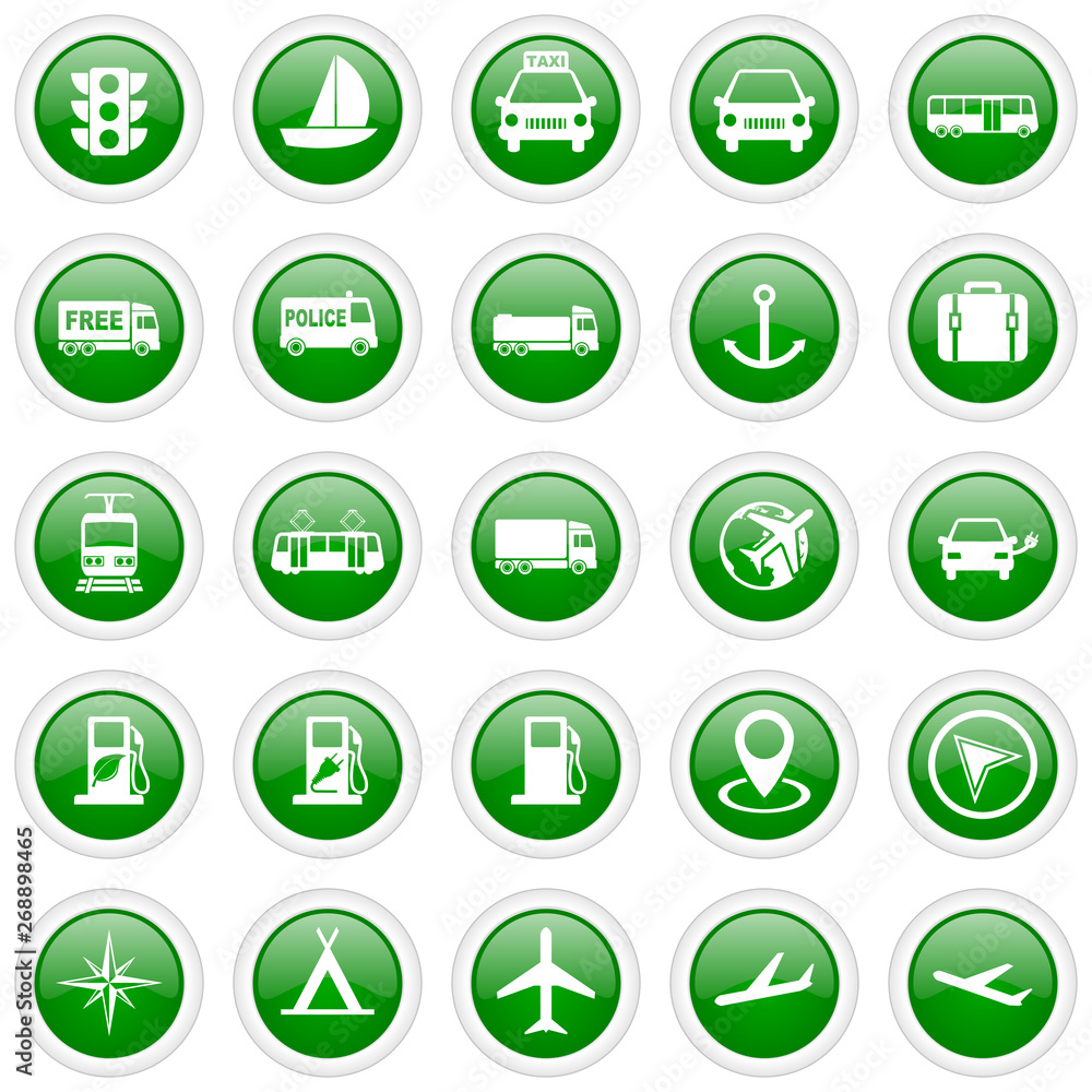 Transportation vector icons, green round glossy pushbuttons in eps 10 Transportation vector icons, green round glossy pushbuttons in eps 10