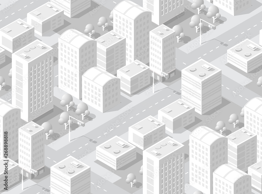 Urban isometric area with building cars and streets. Seamless urban repeating pattern for design and creativity concept.