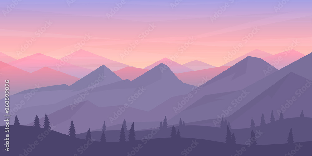 Plakat Vector minimalistic landscape. Mountains and woods. Polygon concept. flat style Abstract background. Panoramic wallpapers