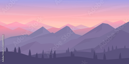 Vector minimalistic landscape. Mountains and woods. Polygon concept. flat style Abstract background. Panoramic wallpapers