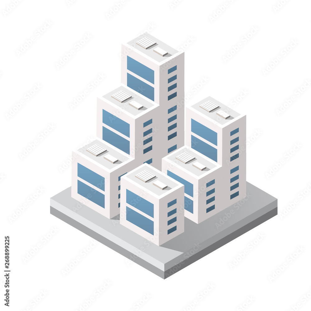 Isometric 3d module block district part of the city with a street road building skyscraper from the urban infrastructure of vector architecture. Modern white illustration for game design