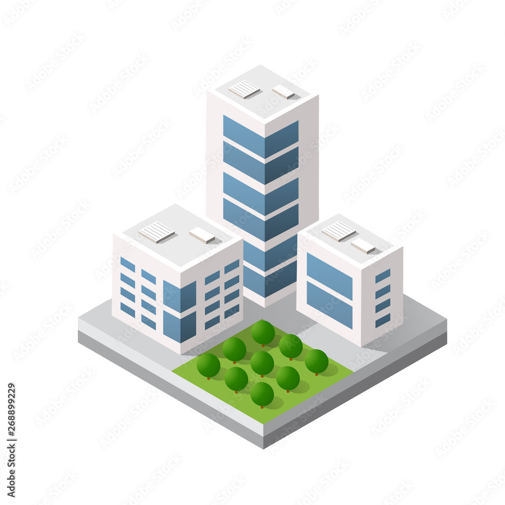 Isometric 3d module block district part of the city with a street road building skyscraper from the urban infrastructure of vector architecture. Modern white illustration for game design