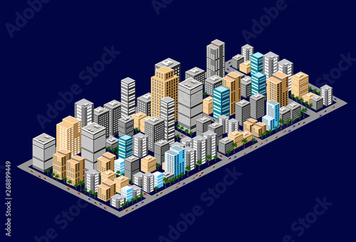 Isometric downtown of urban areas of office buildings construction of the city with trees, street cars and parks