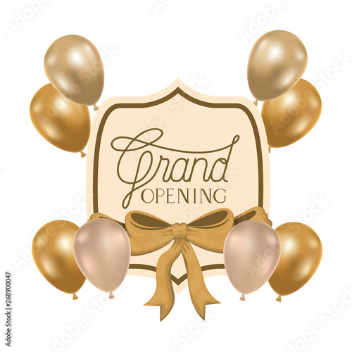 frame and helium balloons with label grand opening