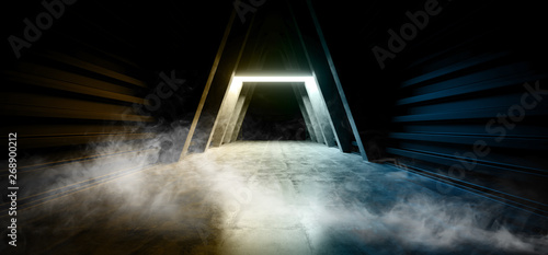 Futuristic Alien Smoke Sci Fi Fog Steam Triangle Shaped Yellow Blue Glowing Neon Fluorescent Portal Gate Light In Dark Concrete Metal Corridor Tunnel 3D Rendering