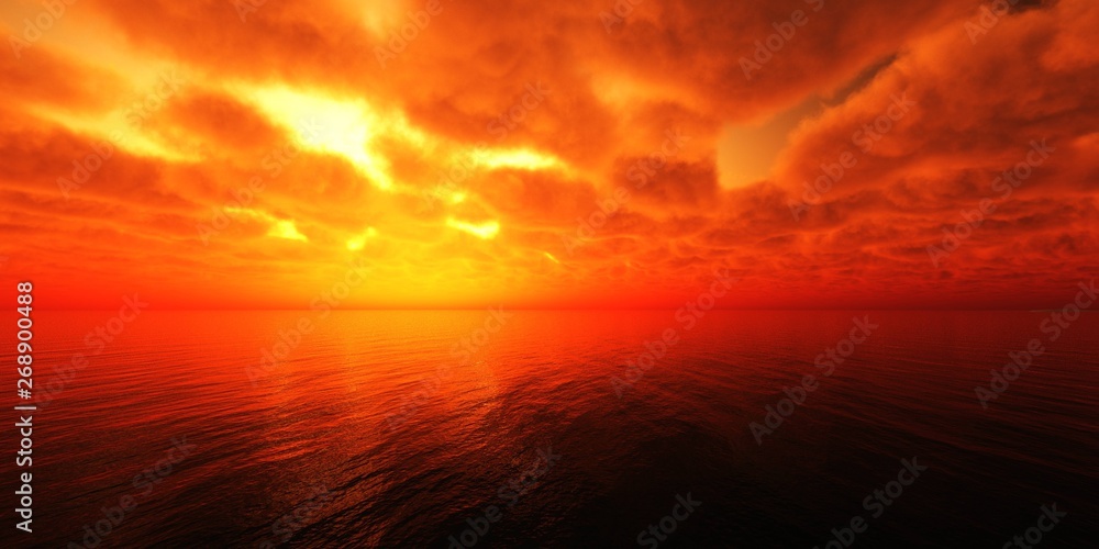 Fiery sunset over the sea, seascape at sunset, 3d rendering