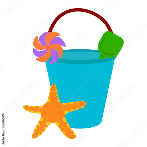 Beach bucket vector icon on a white background. Bucket with starfish illustration isolated on white. Small bucket with shovel realistic style design, designed for web and app. Eps 10.
