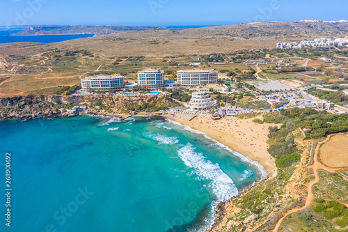 Aerial view of a Golden Bay beach on Tuffieha region, Malta. © aapsky