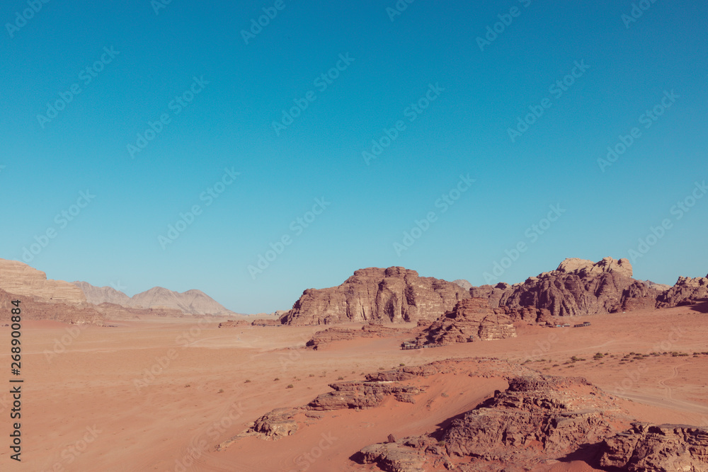 Panoramic view of the Wadi Rum desert, Jordan. Blue sky at summer time.