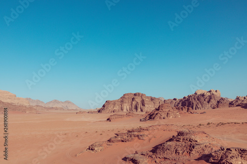 Panoramic view of the Wadi Rum desert  Jordan. Blue sky at summer time.