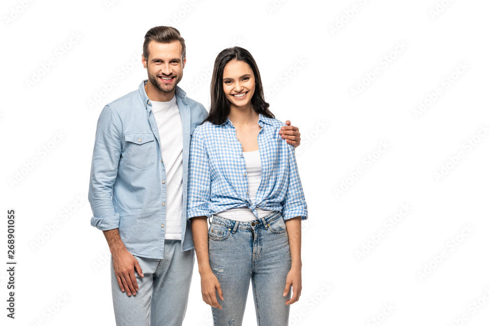 happy man and young woman looking at camera Isolated On White with copy space happy man and young woman looking at camera Isolated On White with copy space