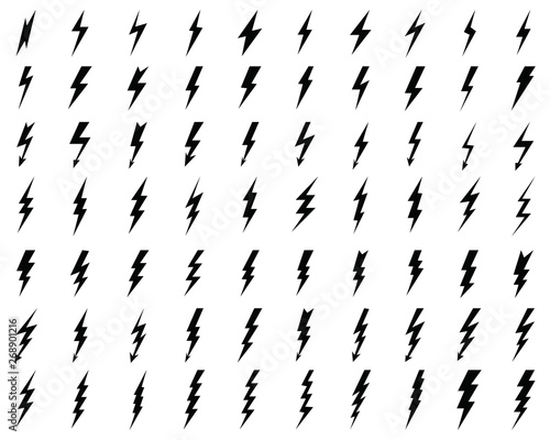 Black icons of thunder and flash lighting on a white background