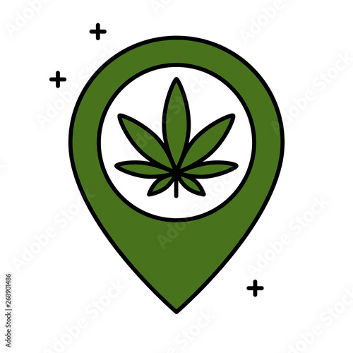 Marijuana leaf and map pointer. Isolated vector illustration on white background