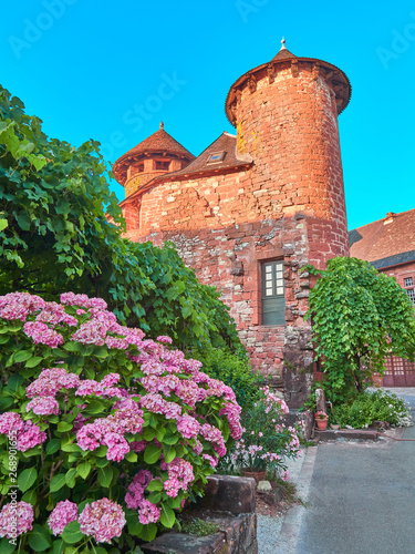 Vertical Colorful View of a Typical Red Sandstone House with Garden in the Old Medieval Village of Collonges la Rouge, Correze Department, Lemousin / New Aquitaine Region, France