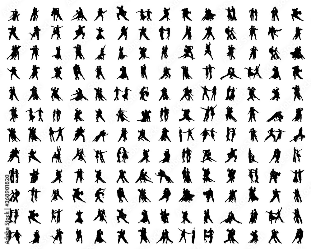 Black silhouettes of dance players on a white background
