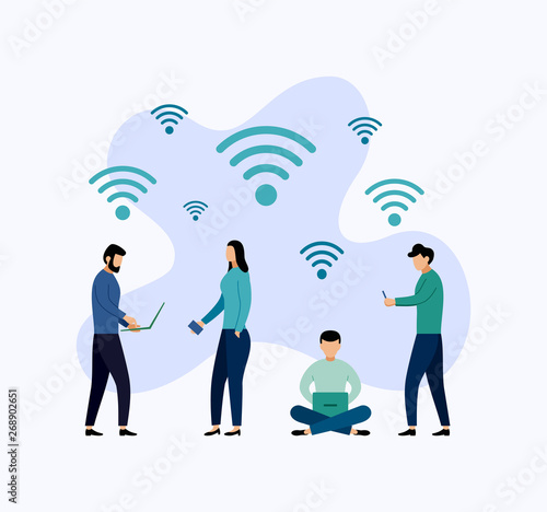 Public free wifi hotspot zone wireless connection, business concept vector illustration