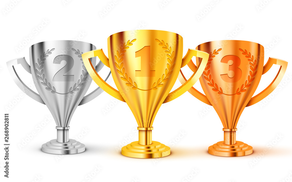 Realistic Golden Trophy. First second and. third place. Gold, silver ...