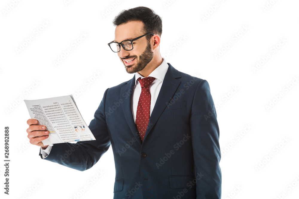 cheerful businessman in glassed reading newspaper isolated on white cheerful businessman in glassed reading newspaper isolated on white