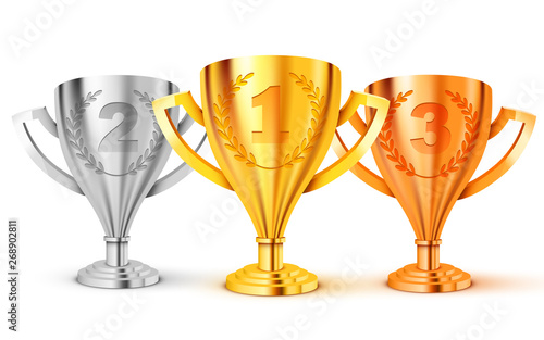 Realistic Golden Trophy. First second and. third place. Gold, silver and bronze