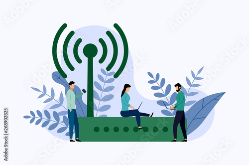 Wireless ethernet modem router with characters, business concept vector illustration