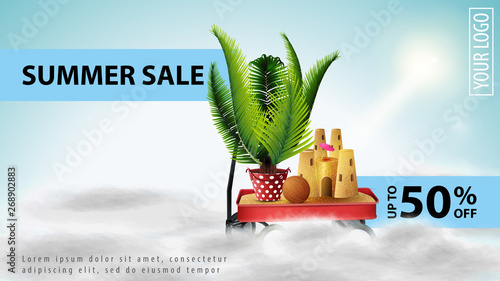 Summer sale, light discount web banner for your website with garden cart with sand, sand castle and potted palm